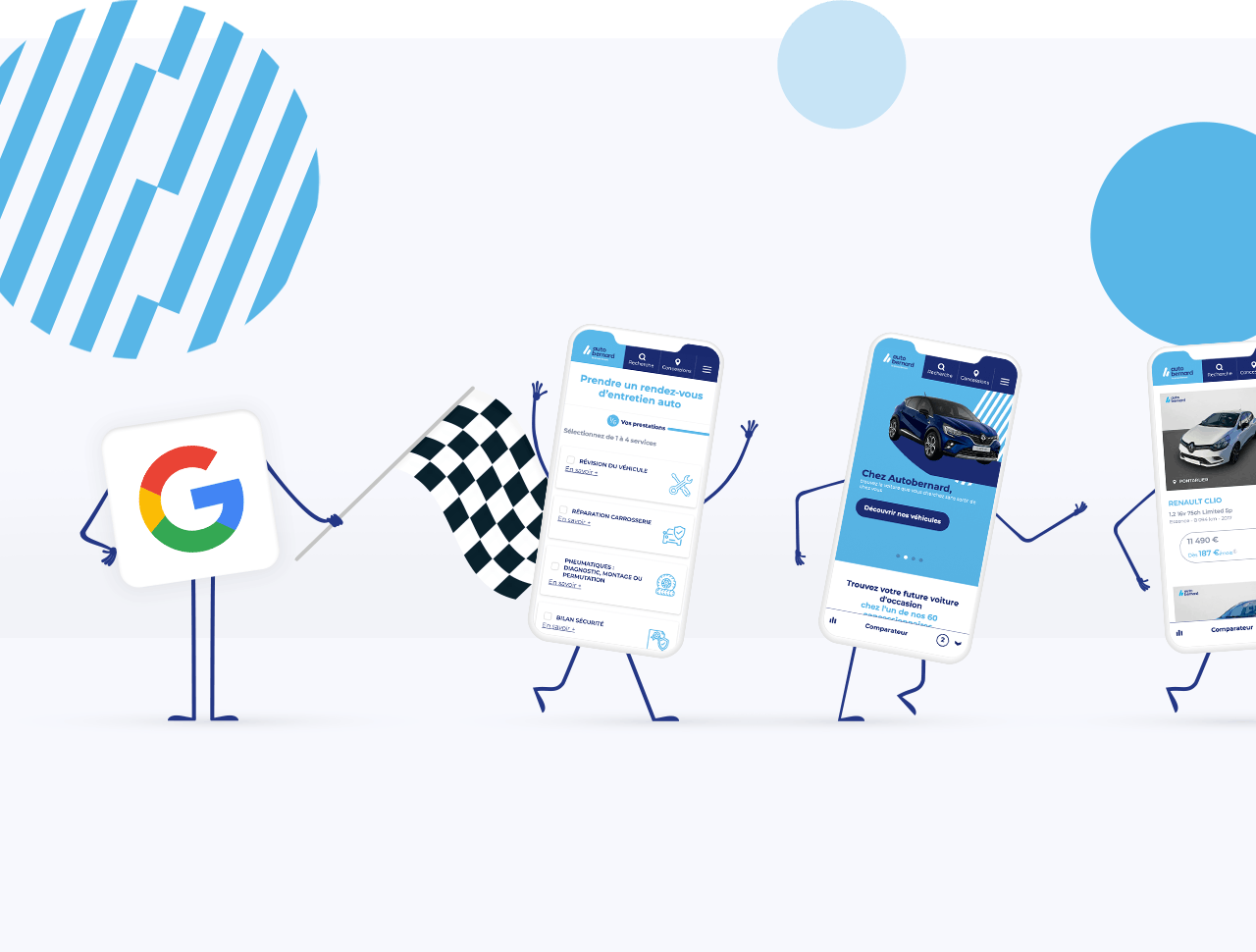 Google en personnage avec 3 portables à côté sur une ligne de départ de course
