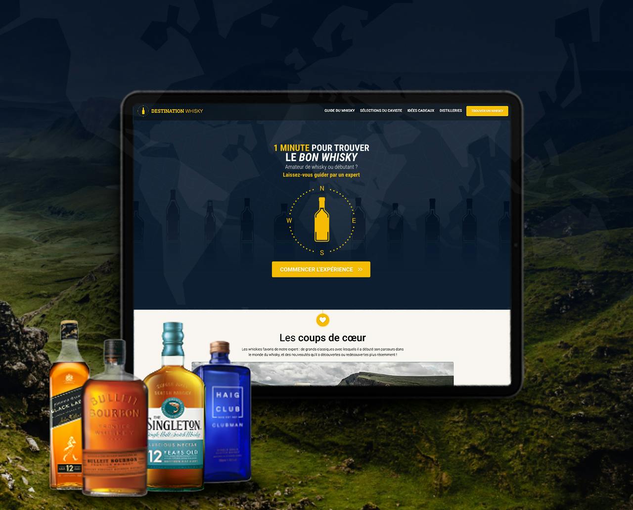 Des bouteilles de whisky devant la home page du site internet Destination Whisky de MHD