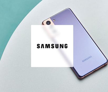 Logo Samsung avec portable en fond