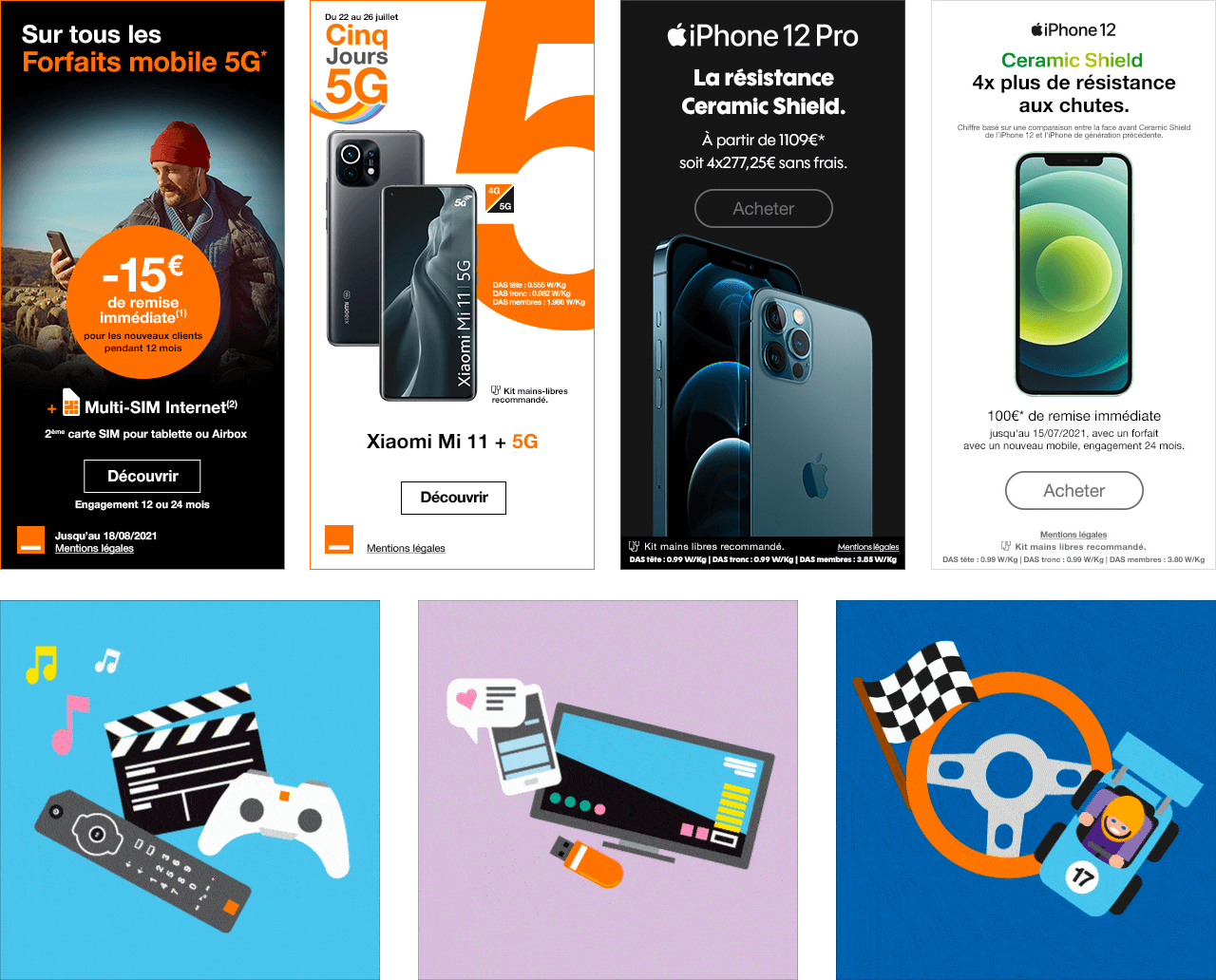 4 bannières publicitaire mettant en avant les offres de l'opérateur Orange
En dessous : 3 images représentant des télécommandes, des manettes de jeux vidéos, des smartphones et une voiture de sport