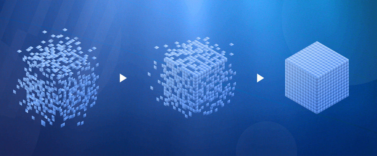 Représentation d'éléments divers et variés se rassemblant de façon synchronisée pour représenter une forme cubique en 3D