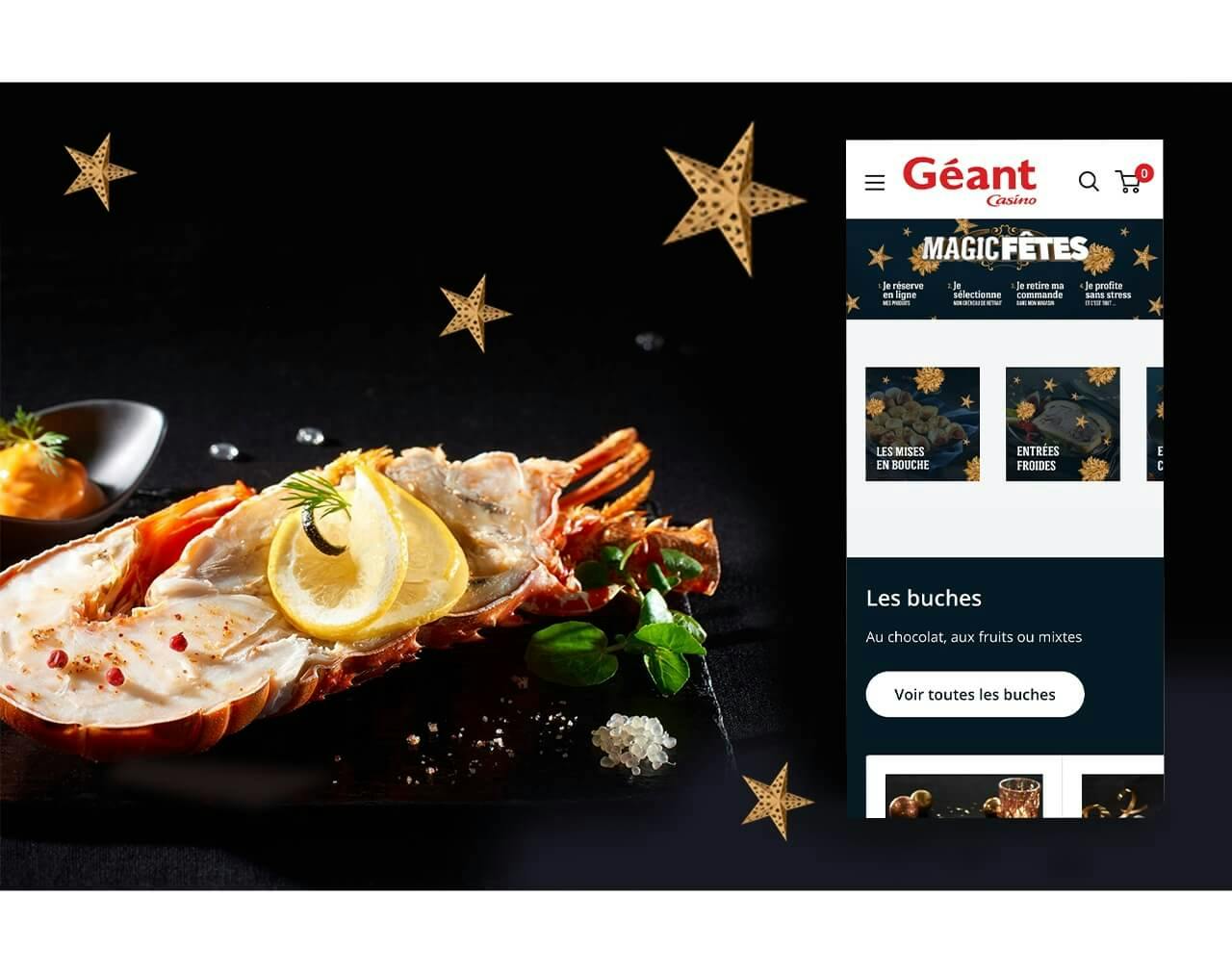 La page d'acceuil du site internet de Géant Casino mis en scène devant un plat de repas de fetes de fin d'année