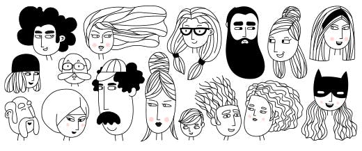 Dessin de plusieurs visages illustrant la variété des personae