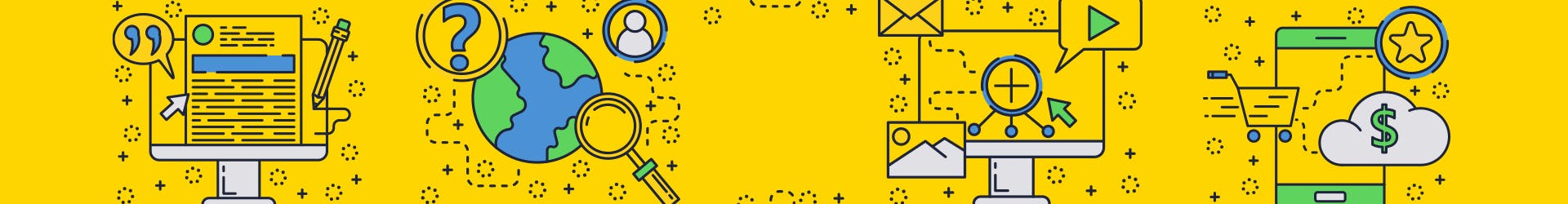 Pictos sur fond jaune représentant des actions menées depuis un site internet vitrine