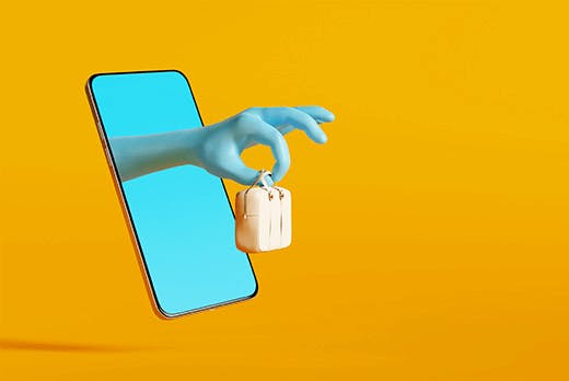Représentation 3D d'une main offrant un sac à main en sortant de l'écran d'un smartphone