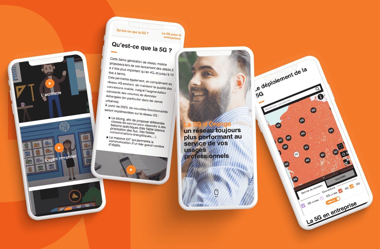 Plusieurs smartphones diffusent le site d'Orange Business Service qui présentent les offres de 5G d'Orange