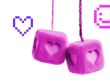 deux dés roses avec des faces de coeur